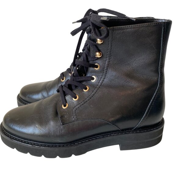 Stuart Weitzman Mila Lift Black Leather Lace-Up Combat Boots Women 7B Spain - Picture 1 of 9